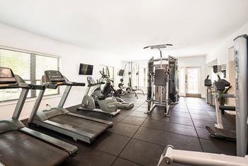 A spacious gym with treadmills, exercise bikes, and other equipment.